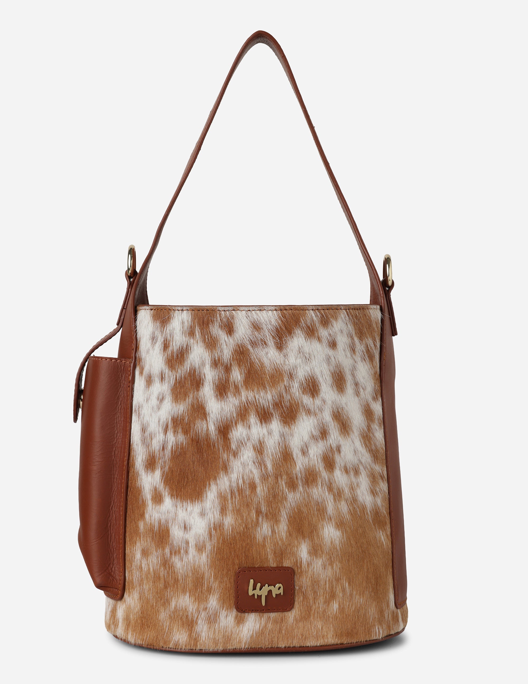 Tan and White Cowhide Bucket Bag for Women | Hyna Nomad