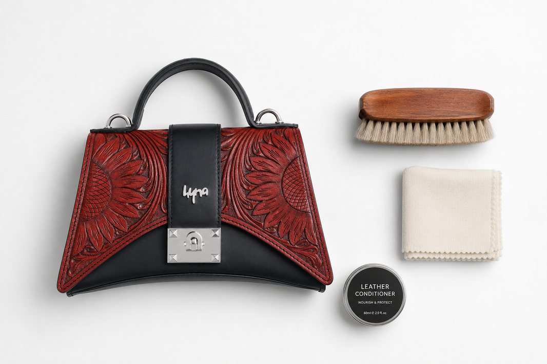 Leather bag care essentials including a soft brush and cleaning cloth for cowhide and full-grain leather