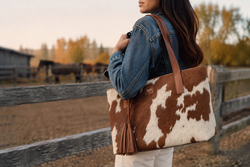 Hyna cowhide crossbody bag styled for Pendleton Round-Up rodeo week