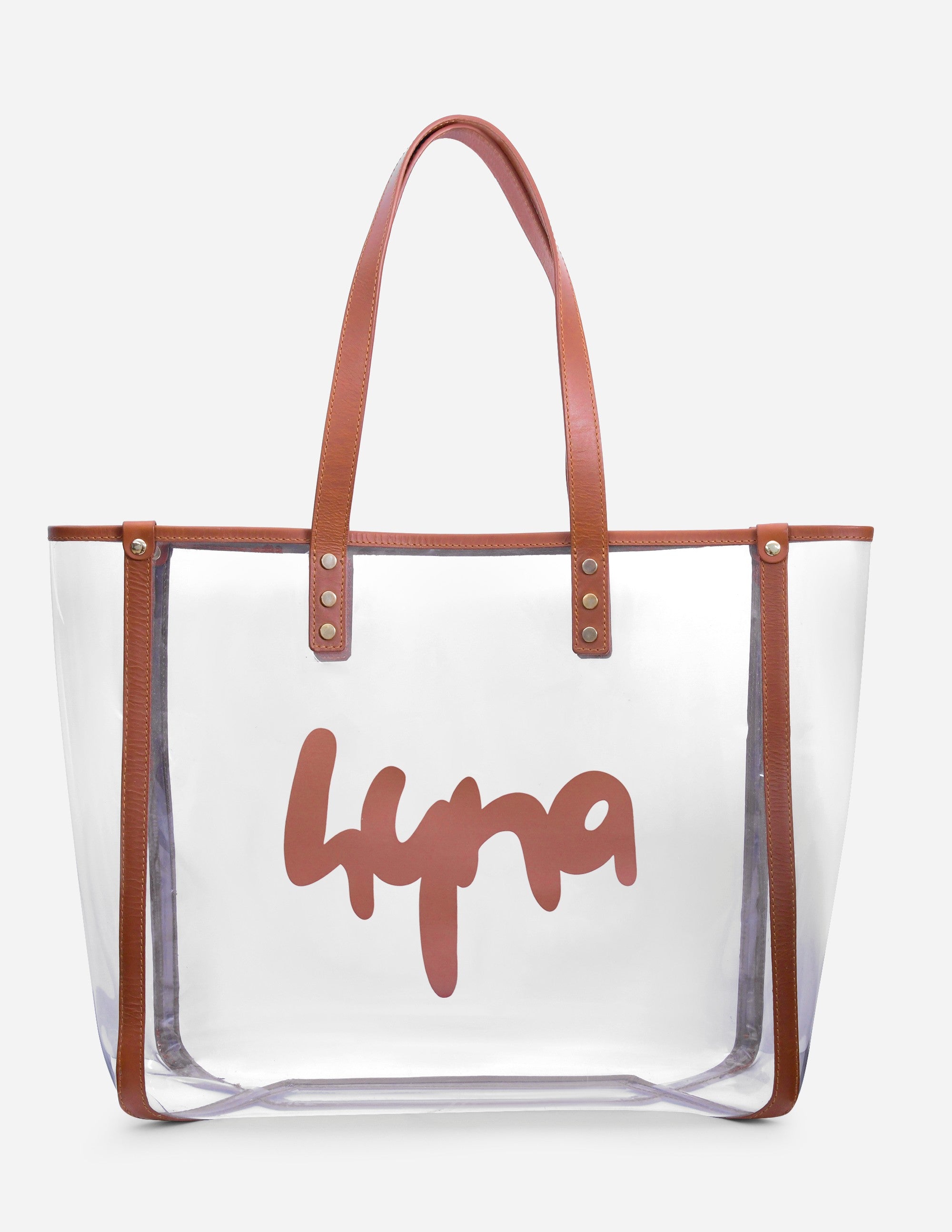 leather clear tote bag with brown handles and 'Hyna' branding on a white background