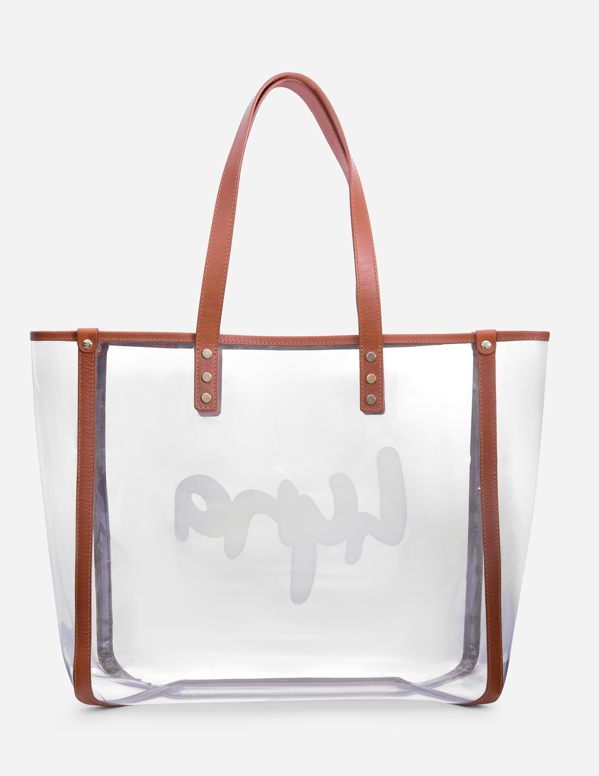 Leather clear bag bag with brown handles and visible brand logo on a white background