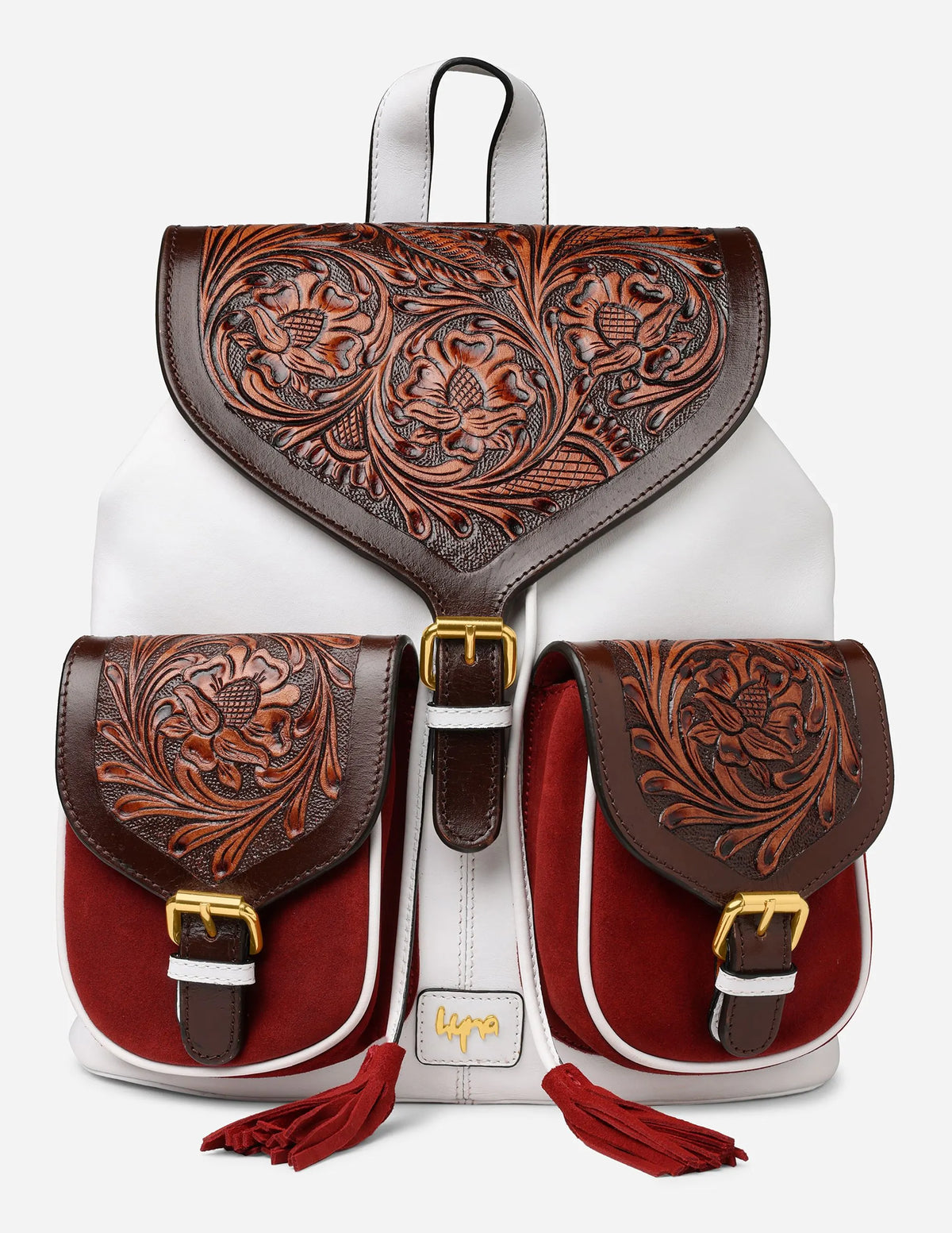 Hyna - Leather Backpack in White & Tan