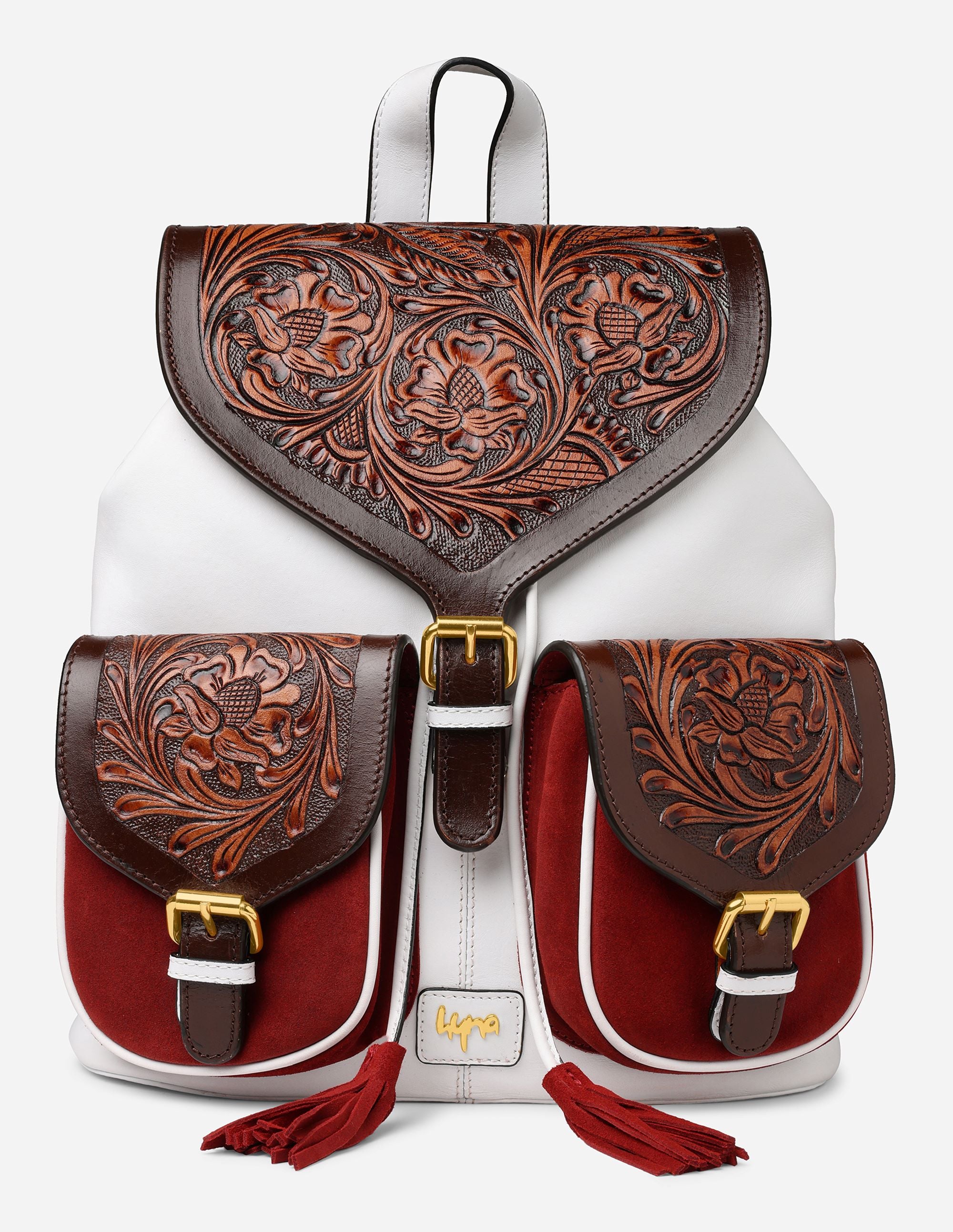 Hyna Imperial Opulence Leather Backpack (White & Tan)