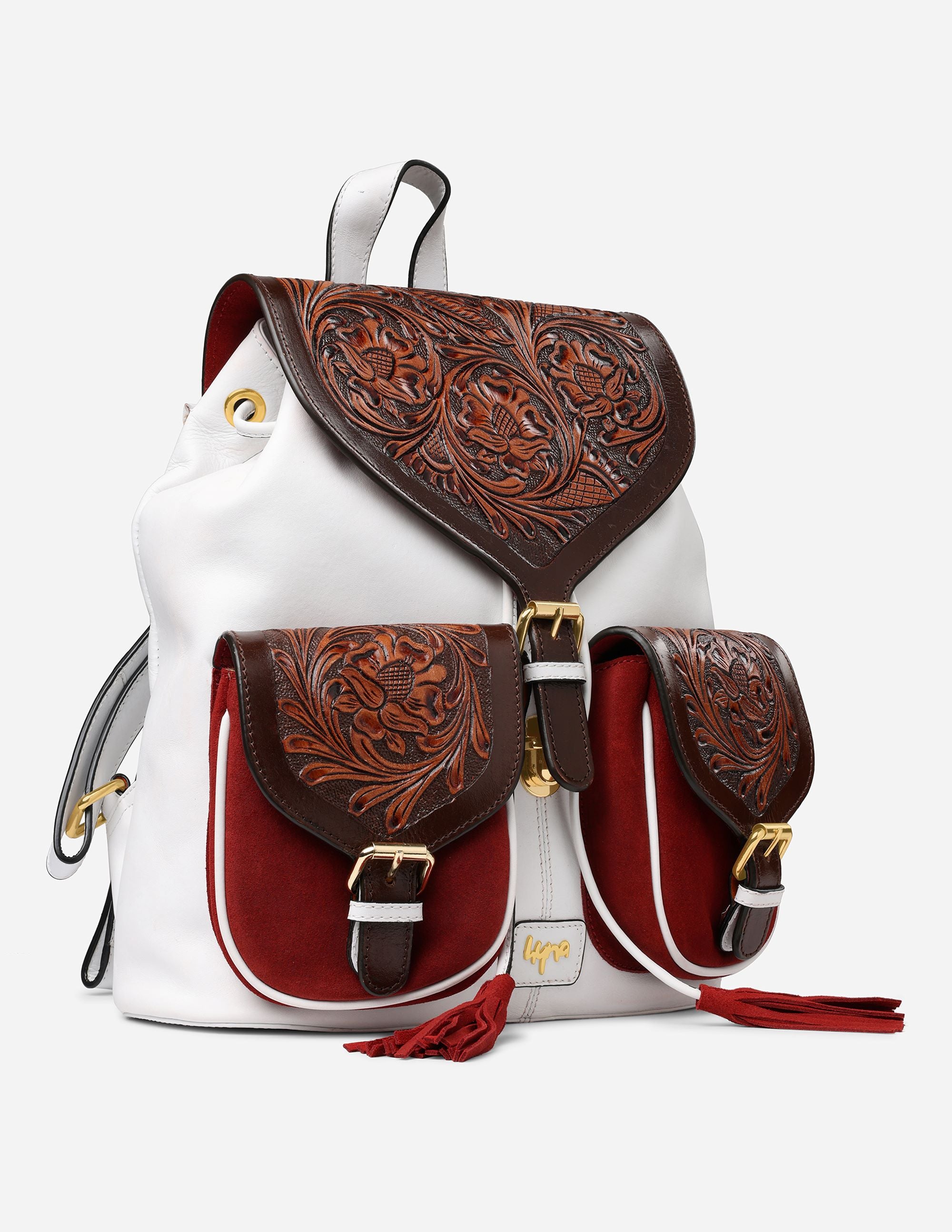 Hyna Imperial Opulence Leather Backpack (White & Tan)