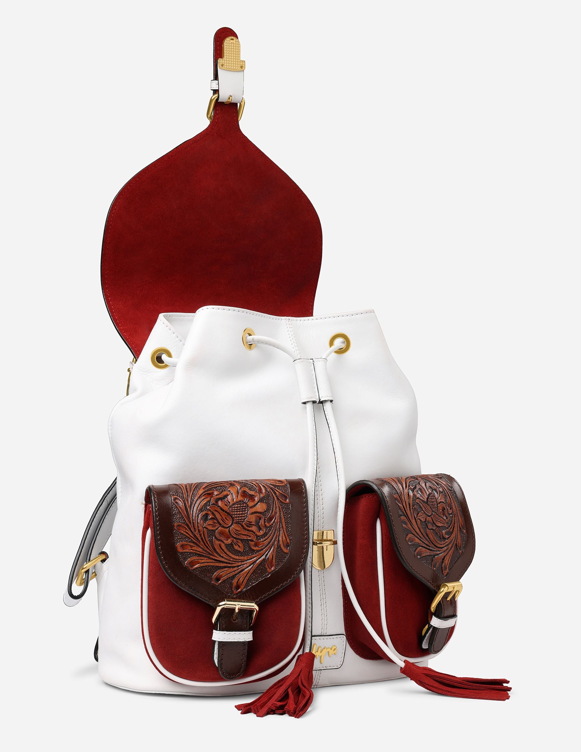 Hyna Imperial Opulence Leather Backpack (White & Tan)