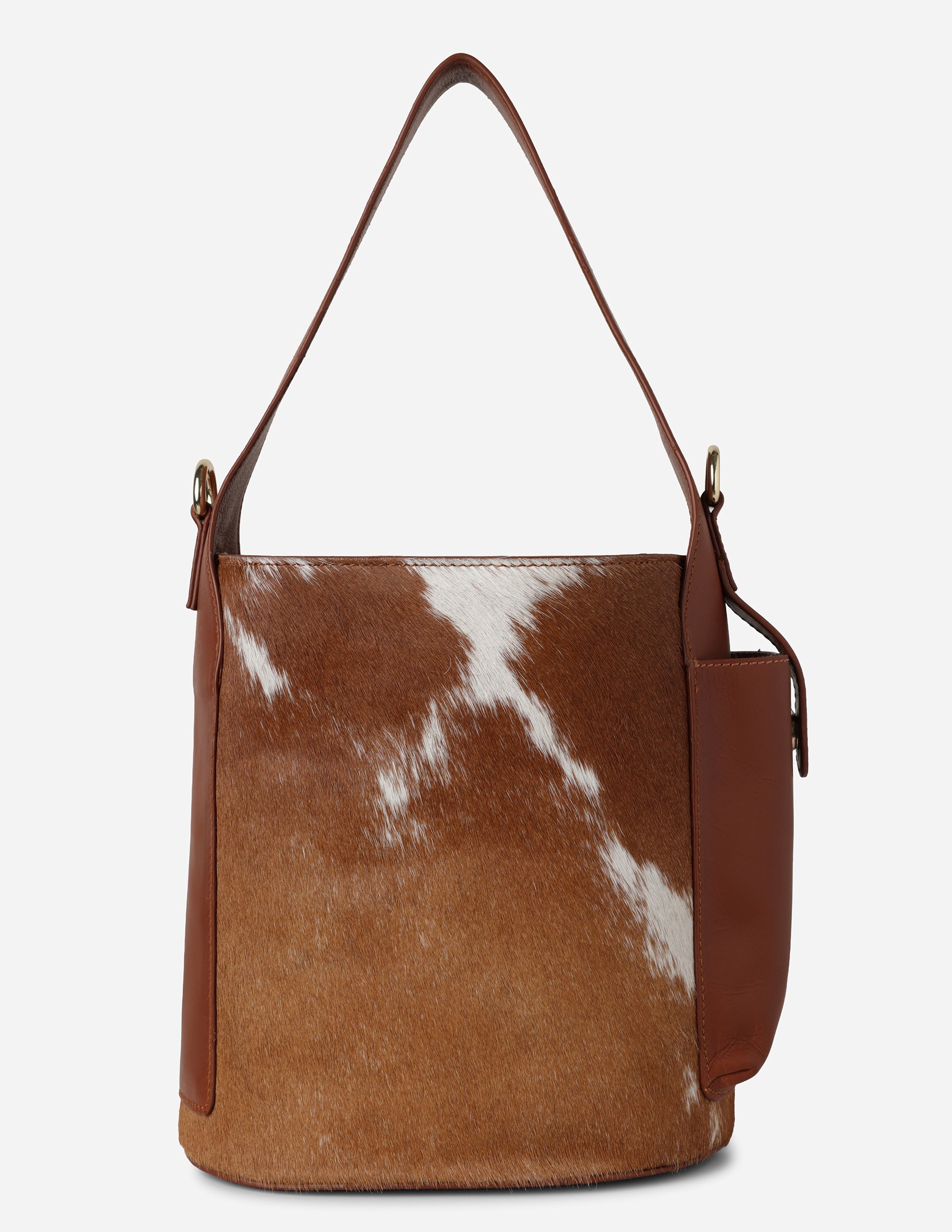 Tan and White Cowhide Bucket Bag for Women | Hyna Nomad
