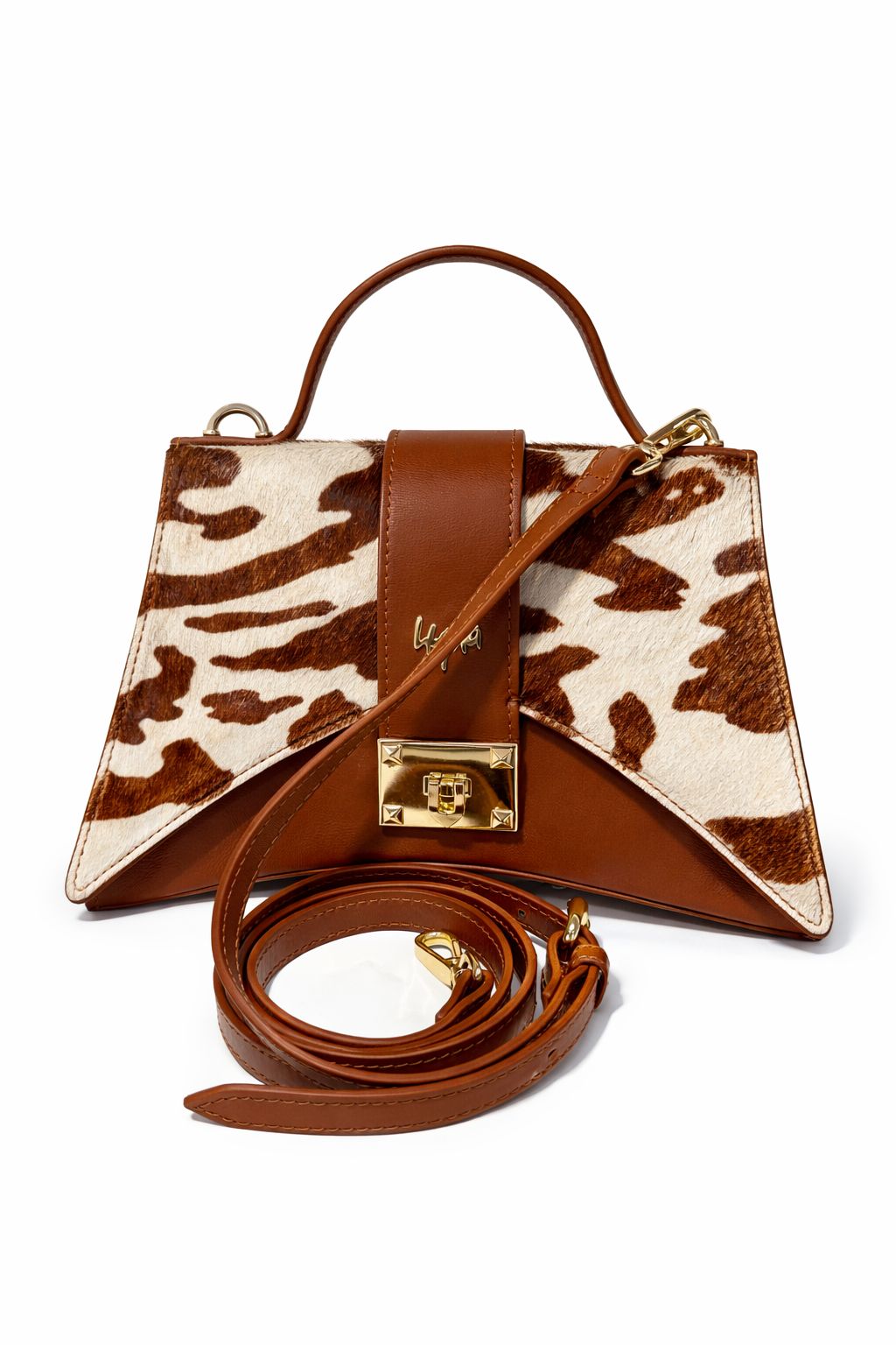 Hyna Top Handle Bag Tan & White